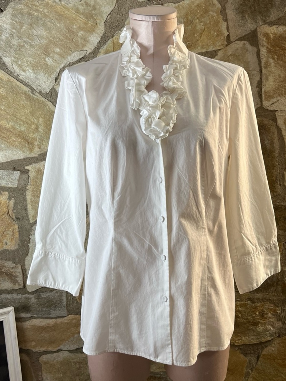 Classic White Ruffle-Trim Button Front Women's Blouse
